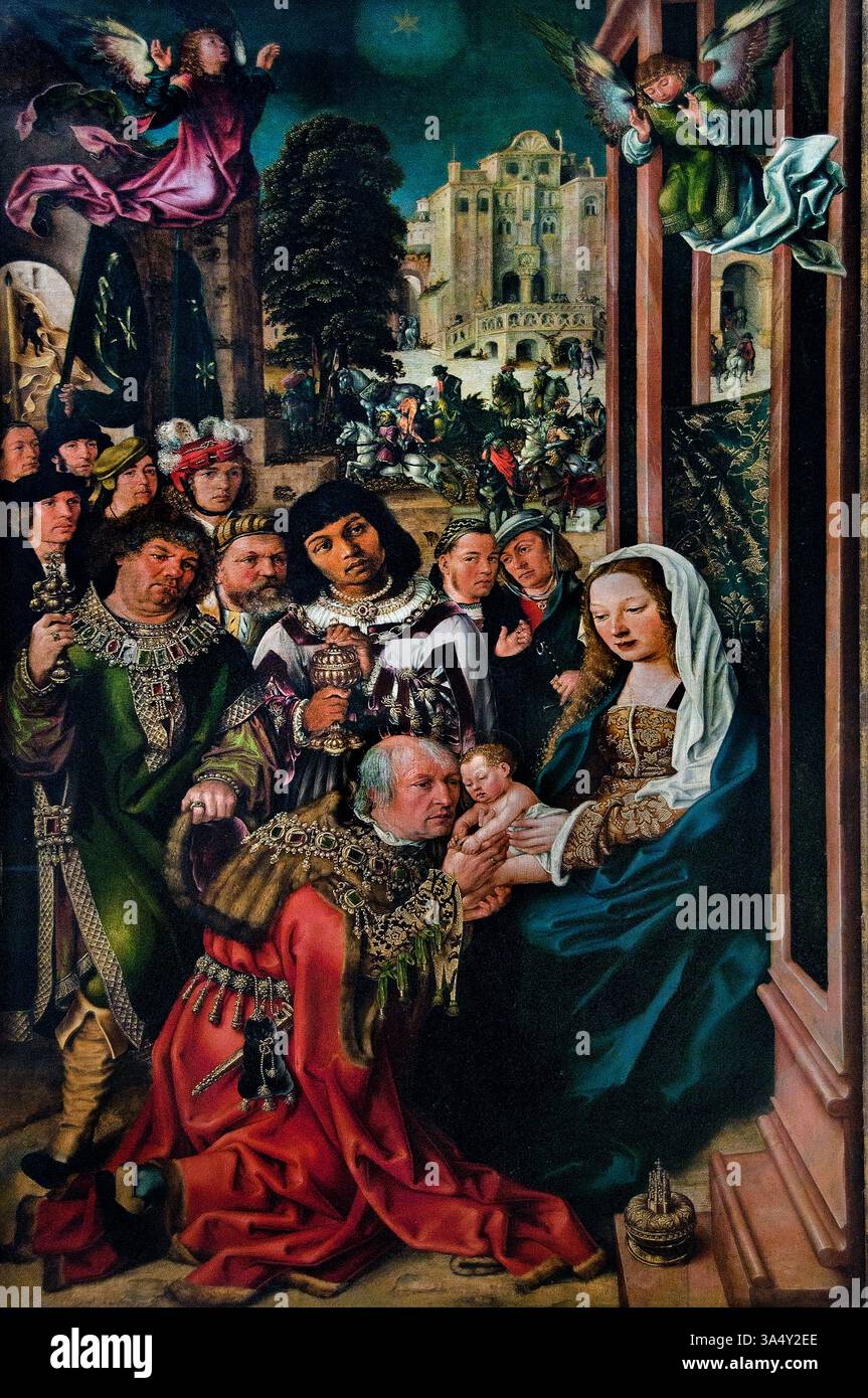 L'Adoration des Sages par Ulrich Apt le vieux 1455 - 1532 Augsbourg 1532 Louvre France Musée des Beaux-Arts Paris. Adoration, Mages, Adoration des Rois, Nativité de Jésus, trois Mages, représentés comme des rois, trouvèrent Jésus en suivant une étoile, déposèrent devant lui des dons d'or, d'encens et de myrrhe, et l'adorèrent, Banque D'Images