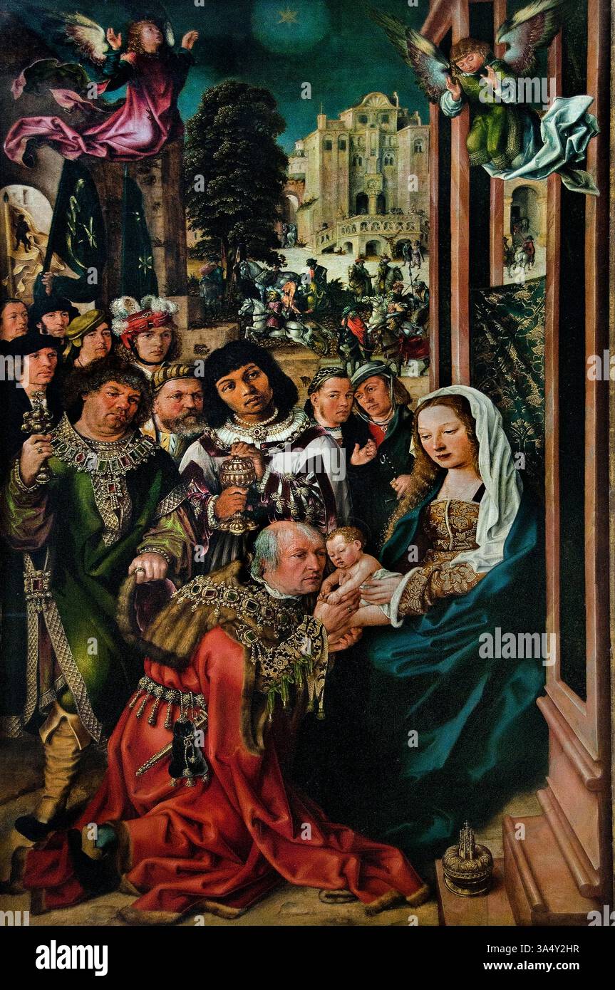 L'Adoration des Sages par Ulrich Apt le vieux 1455 - 1532 Augsbourg 1532 Louvre France Musée des Beaux-Arts Paris. Adoration, Mages, Adoration des Rois, Nativité de Jésus, trois Mages, représentés comme des rois, trouvèrent Jésus en suivant une étoile, déposèrent devant lui des dons d'or, d'encens et de myrrhe, et l'adorèrent, Banque D'Images