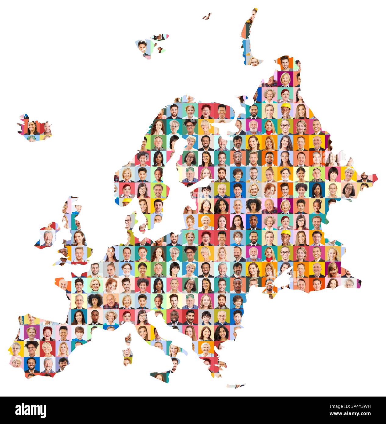 Panorama de portraits de personnes de plusieurs générations sur des arrière-plans colorés sur une carte de l'Europe Banque D'Images
