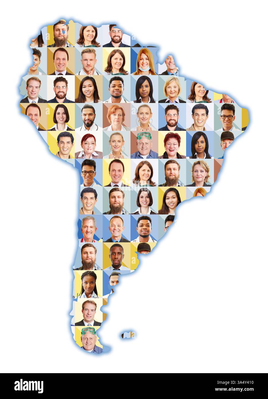 Portraits d'employés de diverses professions sur une carte de l'Amérique du Sud Banque D'Images