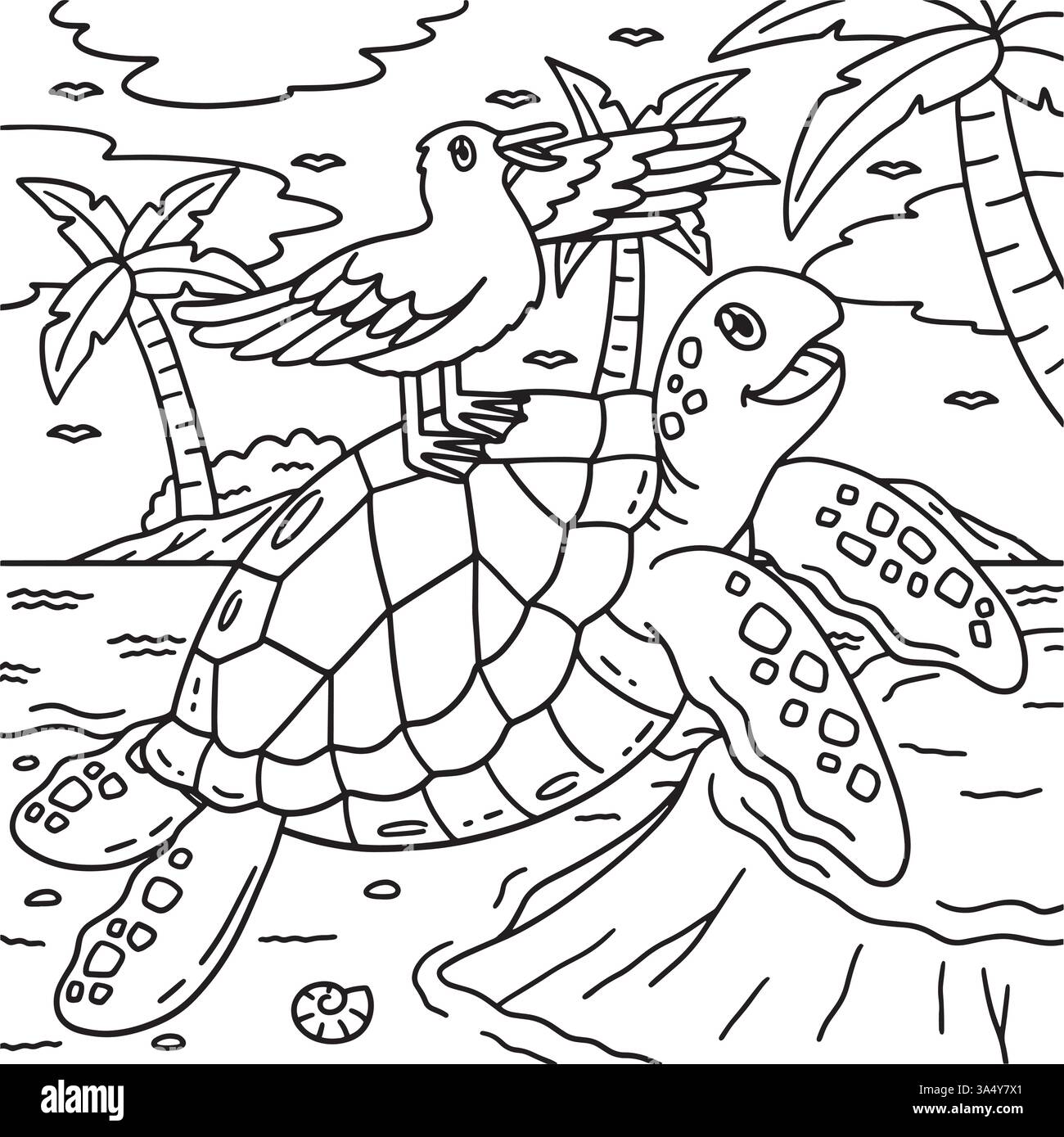 Mouette sur le dessus d'une page de coloration de tortue pour les enfants Illustration de Vecteur