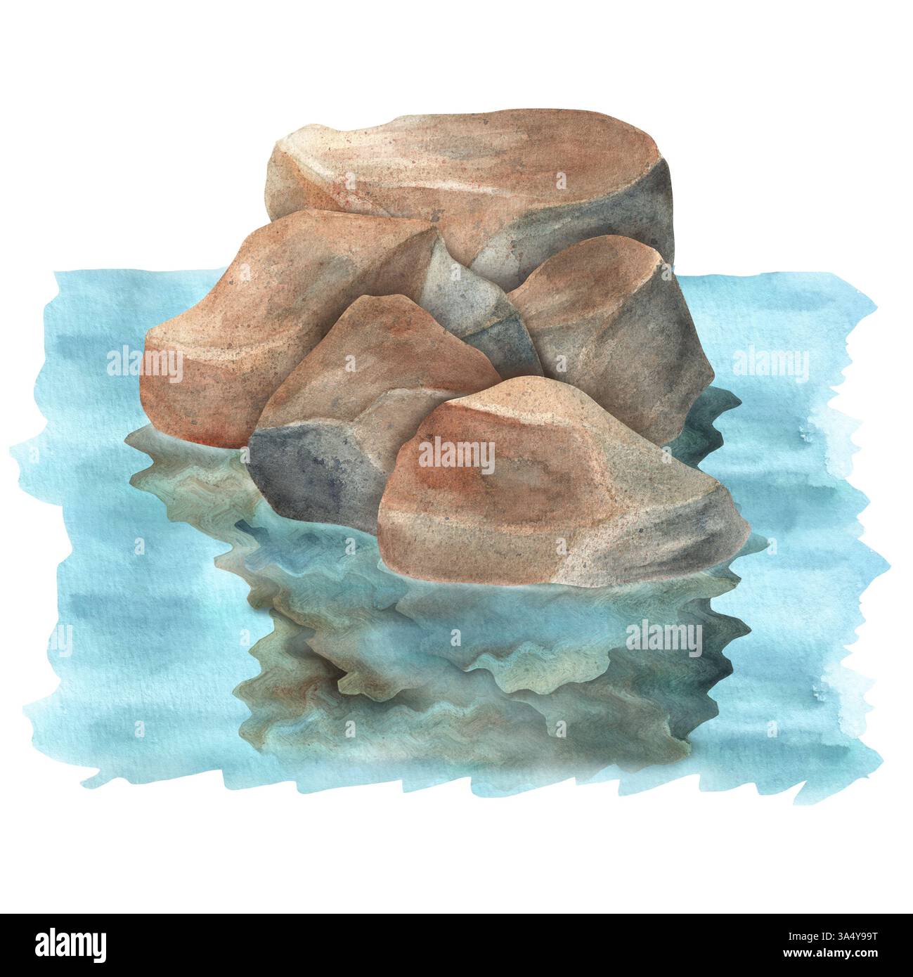 Un groupe de pierres grises et brunes dans l'eau avec réflexion. Rochers. Clipart de paysage naturel. Illustrations aquarelles dessinées à la main. Pour scrapbook Banque D'Images