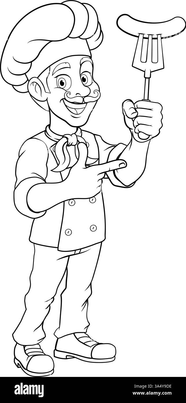 Chef cuisinier Cartoon Man saucisse Hot Dog pointage Illustration de Vecteur