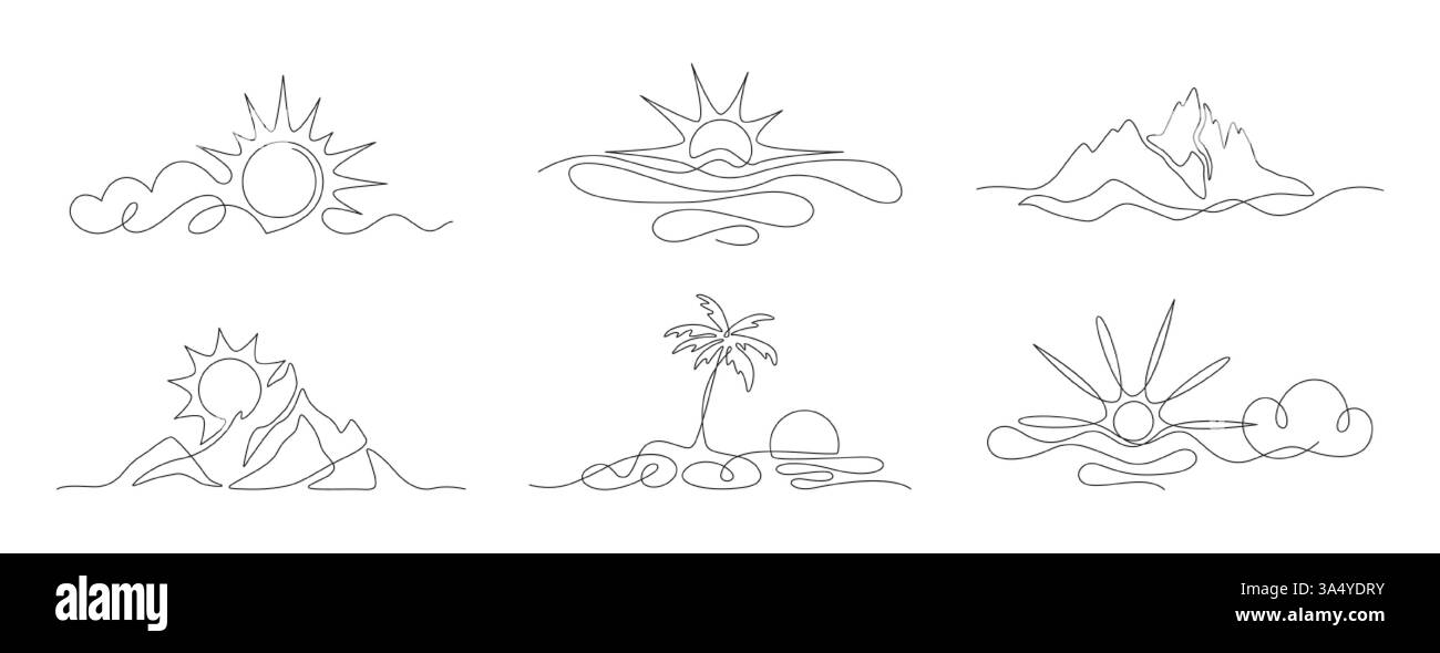 Vecteur doodle art continu d'une ligne soleil, nuage, paysage tropical avec des montagnes, plage de mer, cocotier palmier. Silhouettes linéaires de symboles d'été. Icônes météo à contour fin unique, éléments de la nature Illustration de Vecteur Vecteur doodle art continu d'une ligne soleil, nuage, paysage tropical avec des montagnes, plage de mer, cocotier palmier. Silhouettes linéaires de symboles d'été. Icônes météo à contour fin unique, éléments de la nature Illustration de Vecteur