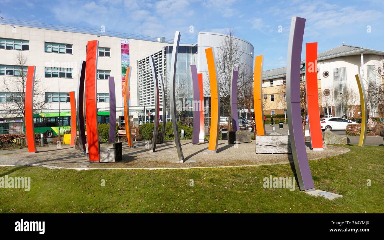 Jardin sculptural compact de couleur bois et accès public créé Walter Jack Studio en face de Chelmsford Broomfield Hospital Essex England UK Banque D'Images