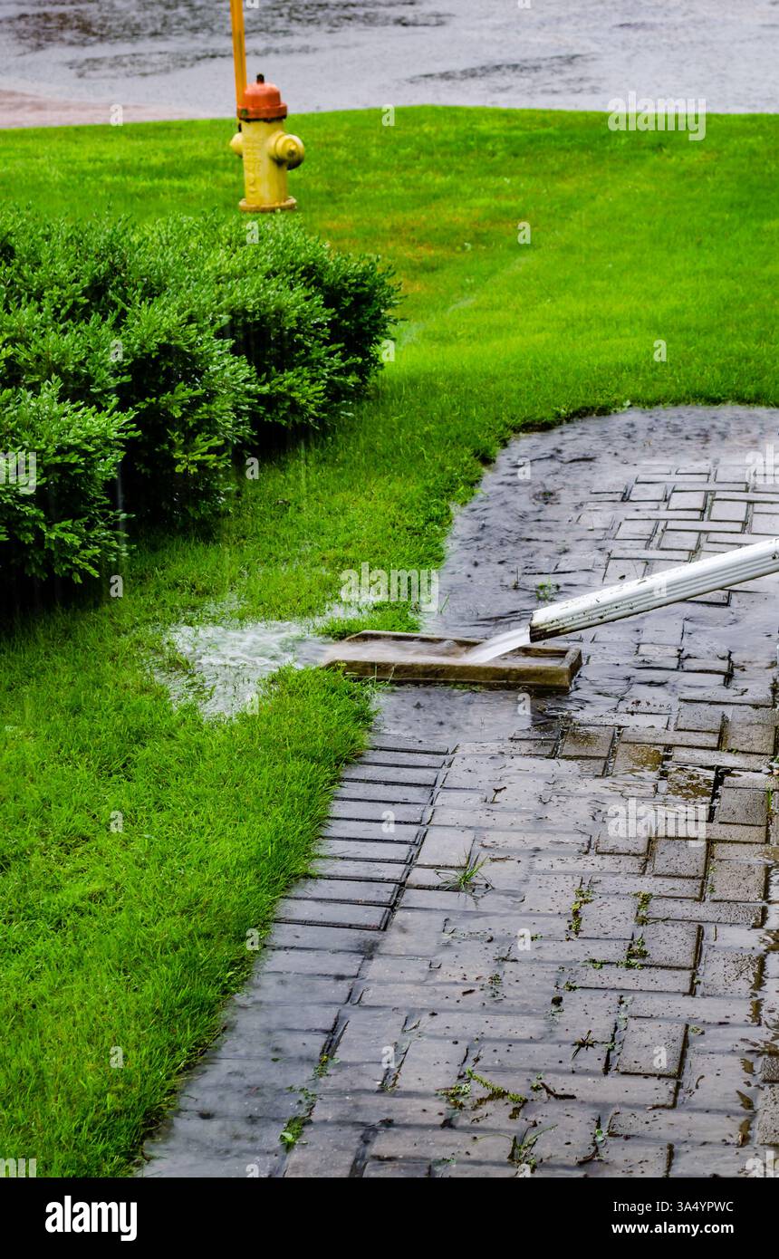 Verser l'auge d'avant-toit sur un trottoir de briques et la pelouse sous la pluie, avec bouche d'incendie en arrière-plan. Banque D'Images