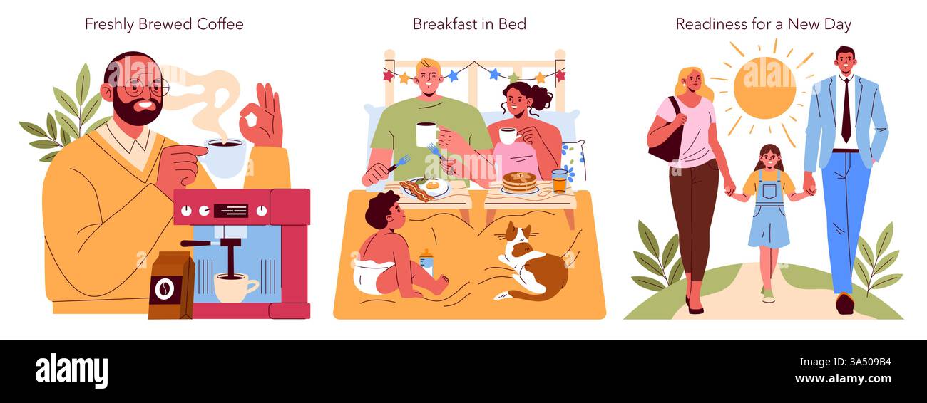 Des moments de petit-déjeuner en famille capturés dans trois scènes captivantes : savourer un café fraîchement préparé, partager un petit-déjeuner confortable au lit et embrasser une nouvelle journée ensemble. Liens familiaux et débuts joyeux. Illustration de Vecteur