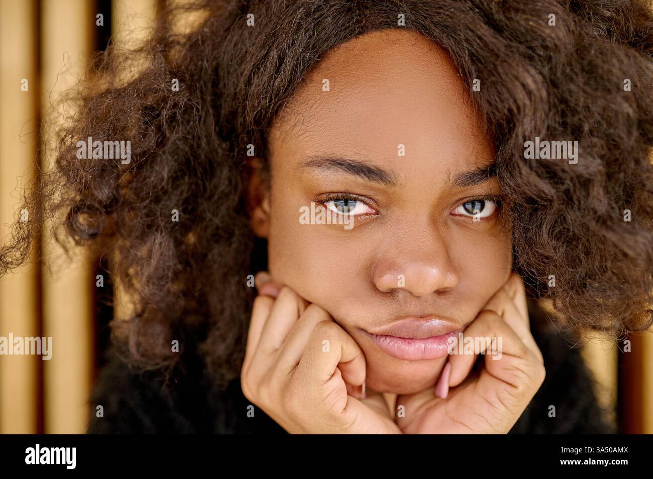 Femme noire sérieuse avec les mains sur le menton assis contre un mur en bois dans un cadre intérieur. Portrait de style de vie réfléchi véhiculant contemplation et concentration. Utile pour les articles sur l'état d'esprit, la carrière et le développement personnel. Banque D'Images