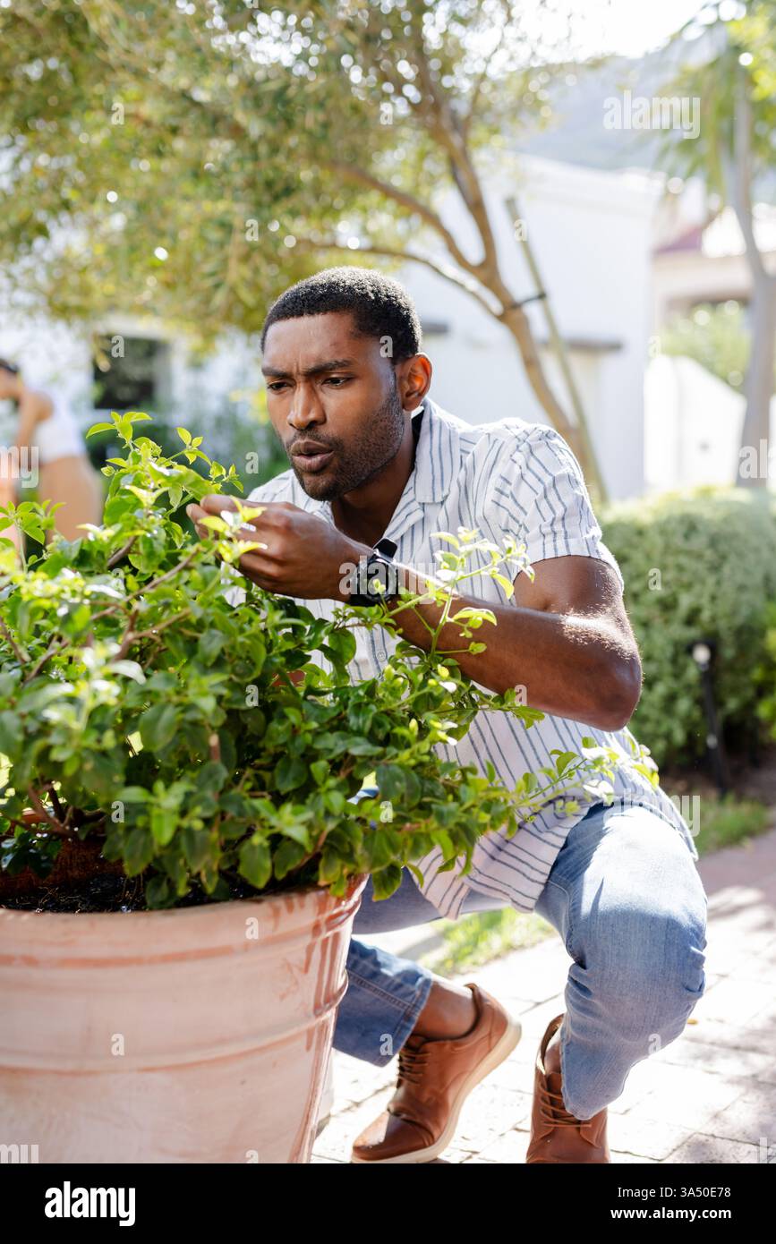 Homme afro-américain tendant à la plante en pot à l'extérieur, en se concentrant sur le jardinage Banque D'Images