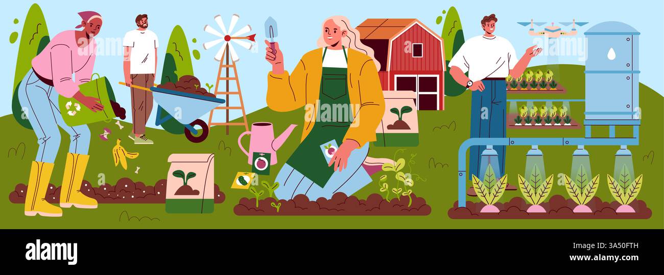 Illustration de jardin autonome. Cette œuvre montre des individus engagés dans des pratiques de jardinage durable, utilisant le compostage, des outils innovants et des techniques de plantation pour promouvoir l'autonomie et l'éco-respect. Illustration vectorielle. Illustration de Vecteur