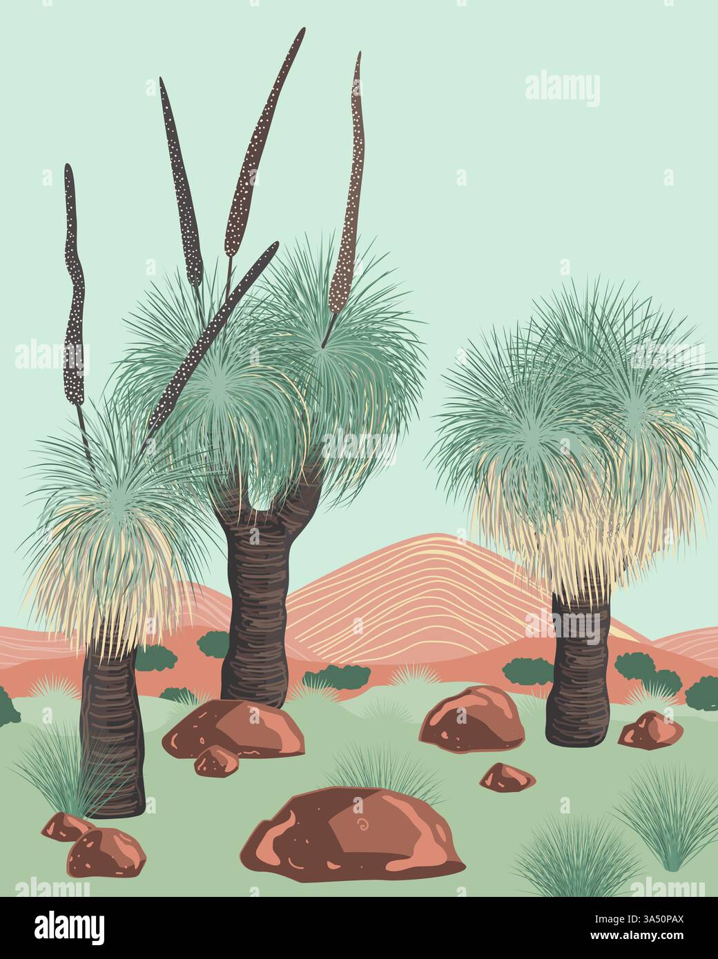 Arbres de Xanthorrhoea en fleurs et paysage de montagnes. Les arbres de graminées, flore endémique australienne indigène. Arrière-plan vectoriel Illustration de Vecteur Arbres de Xanthorrhoea en fleurs et paysage de montagnes. Les arbres de graminées, flore endémique australienne indigène. Arrière-plan vectoriel Illustration de Vecteur