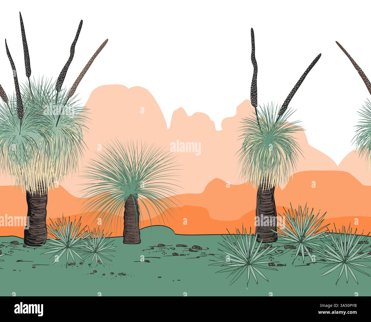 Arbre de Xanthorrhoea et paysage de montagnes modèle sans couture. L'herbe, flore endémique australienne indigène. Arrière-plan vectoriel. Illustration de Vecteur Arbre de Xanthorrhoea et paysage de montagnes modèle sans couture. L'herbe, flore endémique australienne indigène. Arrière-plan vectoriel. Illustration de Vecteur