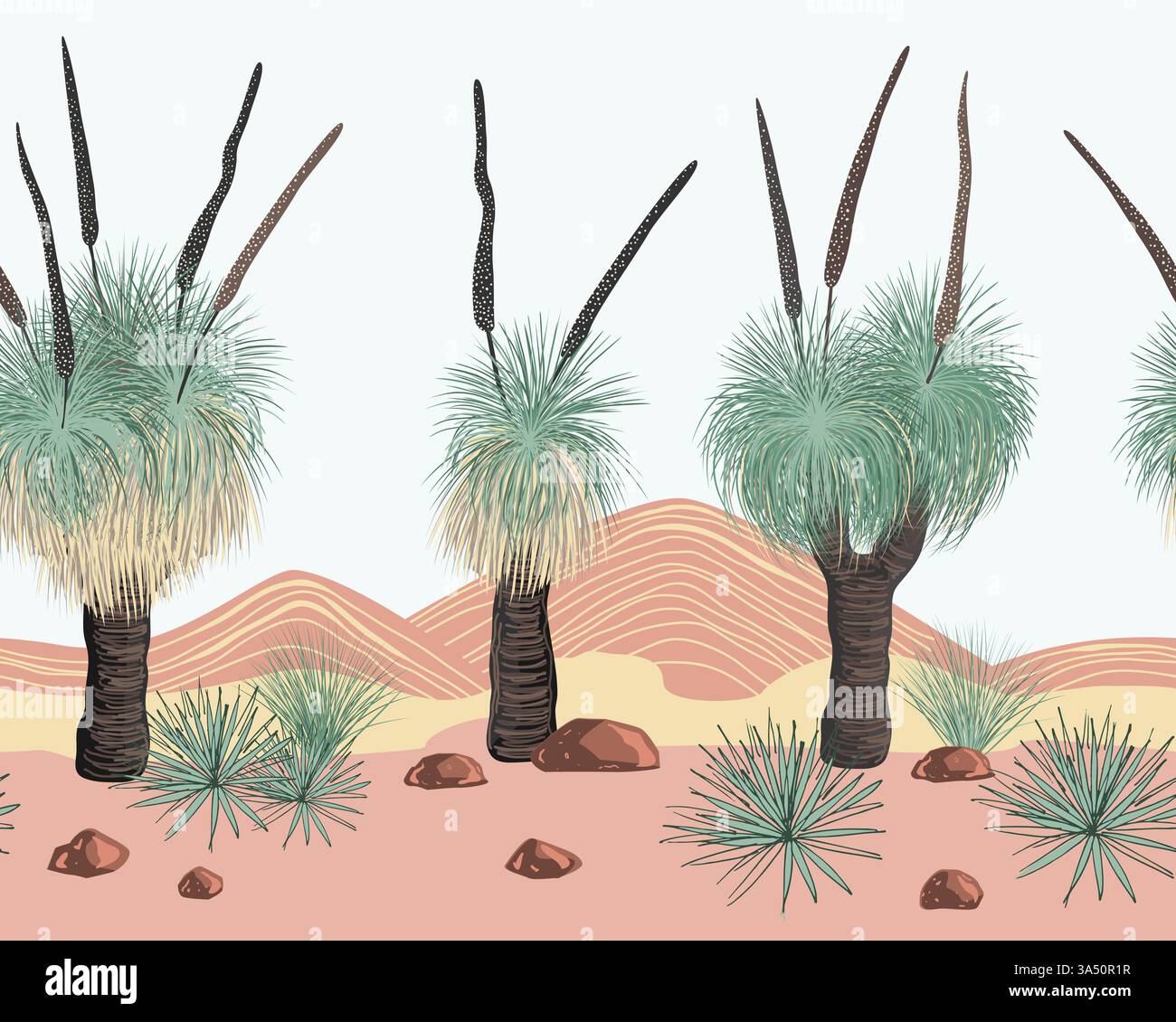 Arbre de Xanthorrhoea et paysage de montagnes modèle sans couture. L'herbe, flore endémique australienne indigène. Arrière-plan vectoriel. Illustration de Vecteur Arbre de Xanthorrhoea et paysage de montagnes modèle sans couture. L'herbe, flore endémique australienne indigène. Arrière-plan vectoriel. Illustration de Vecteur