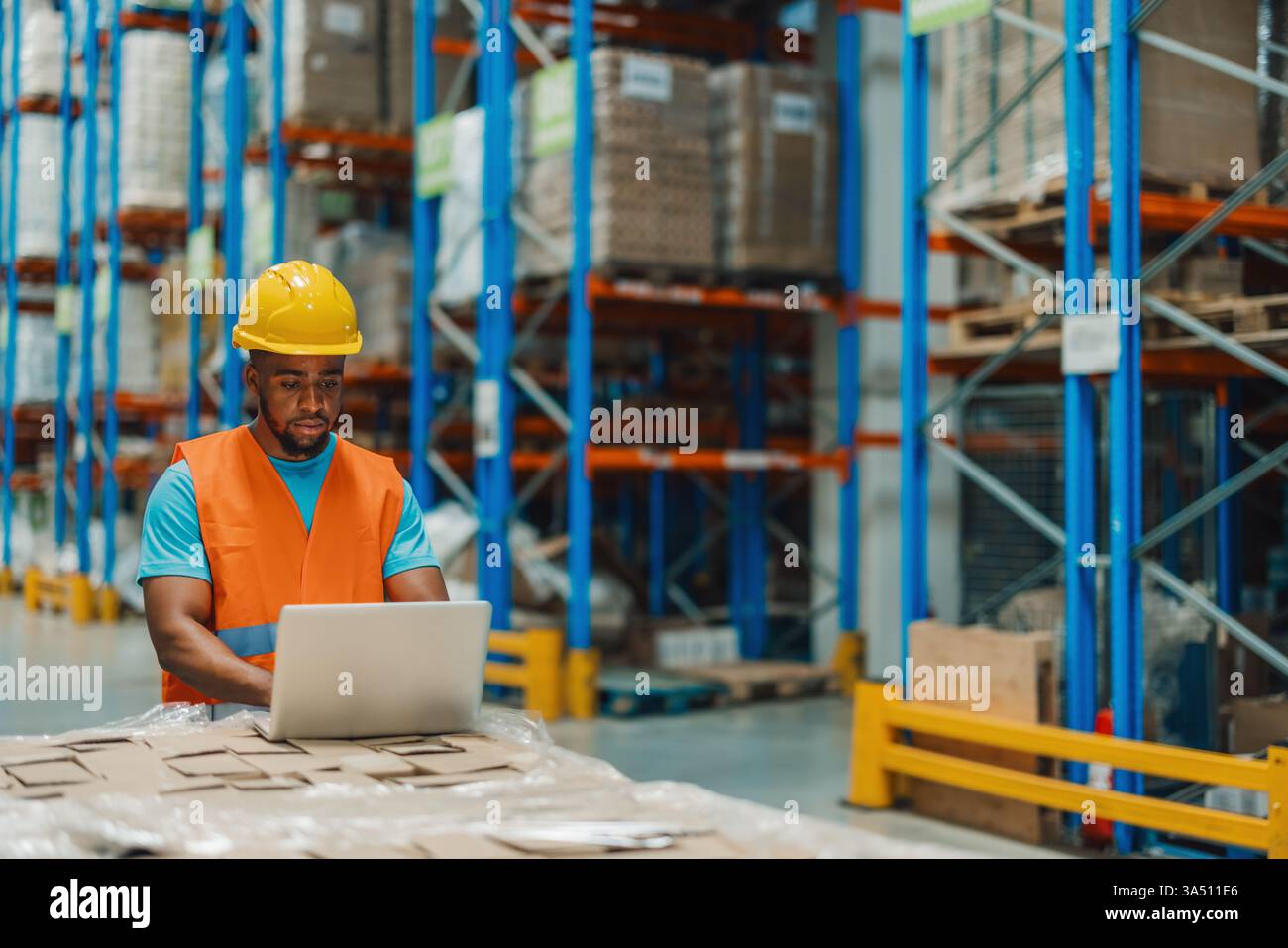 Un travailleur noir dans un entrepôt utilise un ordinateur portable pour gérer la logistique. L'image met en évidence la technologie moderne, l'efficacité et les opérations minutieuses dans un environnement de distribution. Adapté aux communications d'entreprise, à la chaîne d'approvisionnement et aux fonctionnalités des solutions numériques. Banque D'Images