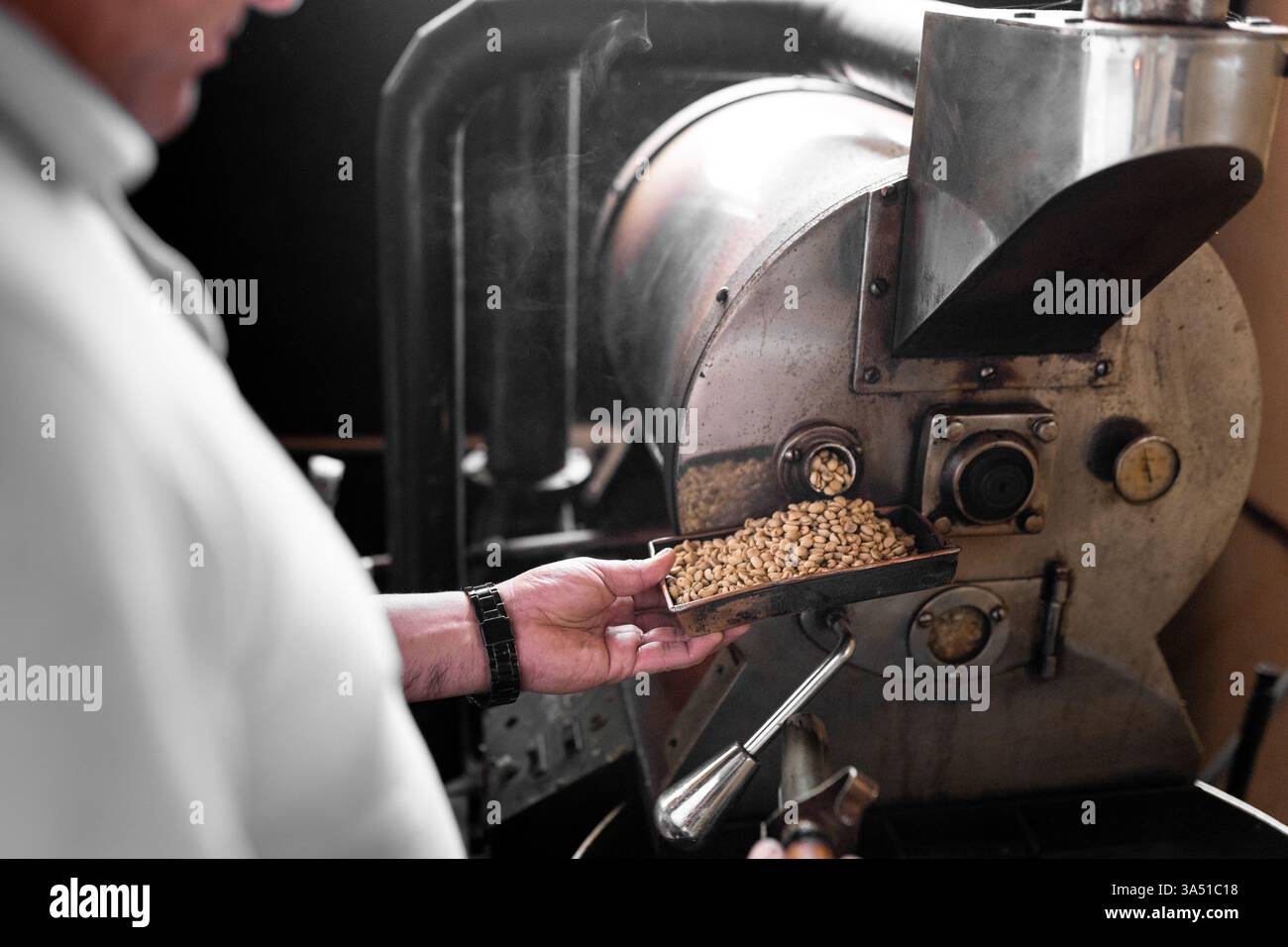 Homme hispanique inspectant des grains de café torréfiés dans une torréfaction locale. Une scène de production de café pratique mettant en valeur la torréfaction et l'arôme, idéale pour la marque de café et les campagnes commerciales locales. Idéal pour les supports marketing faisant la promotion du café local en petites quantités. Banque D'Images