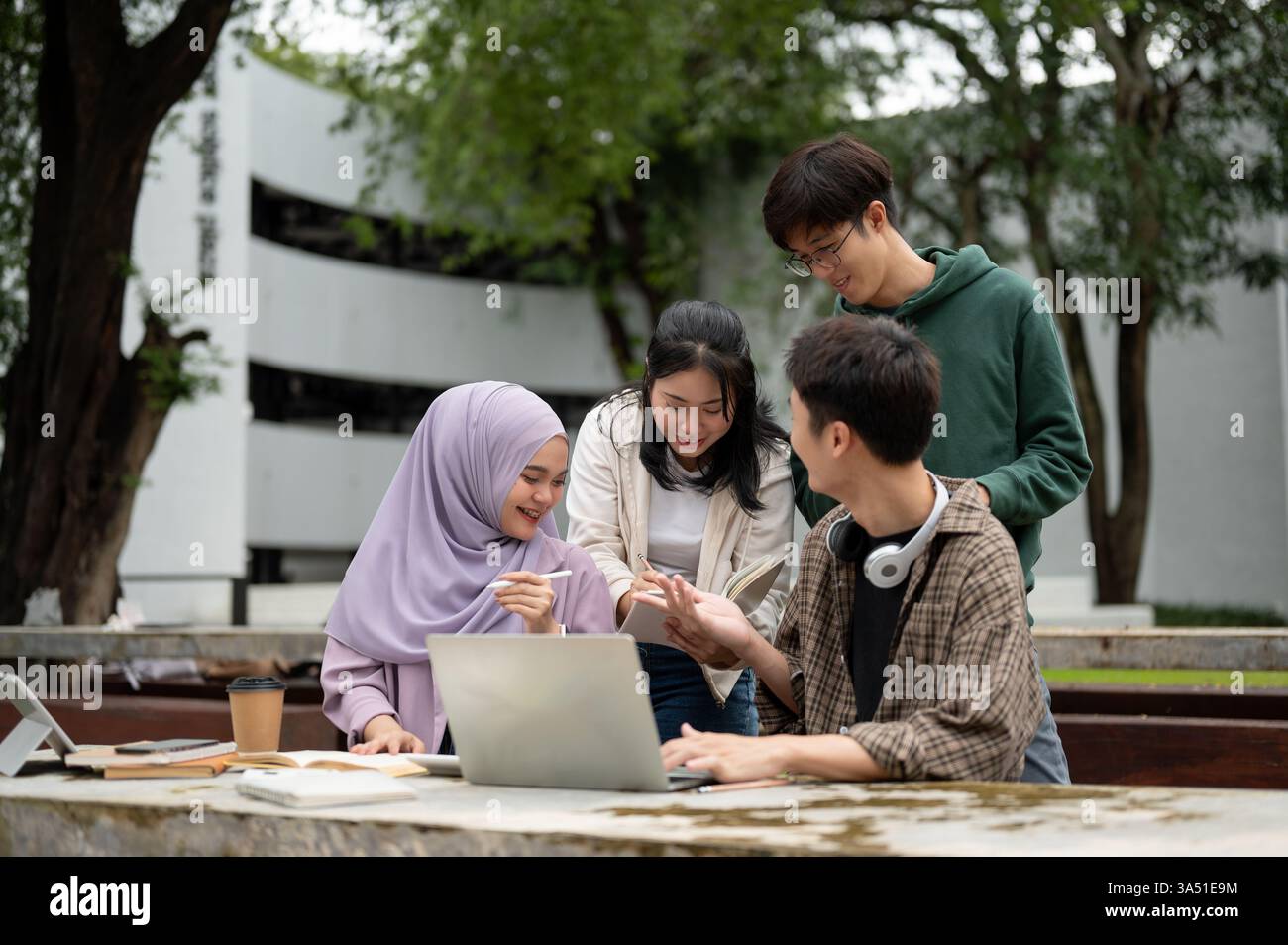 Un groupe diversifié d'étudiants discutent d'un projet à l'extérieur dans un parc du campus, à l'aide d'un ordinateur portable. Idéal pour l'éducation, le travail d'équipe et l'étude des visuels de style de vie dans les environnements universitaires. Banque D'Images