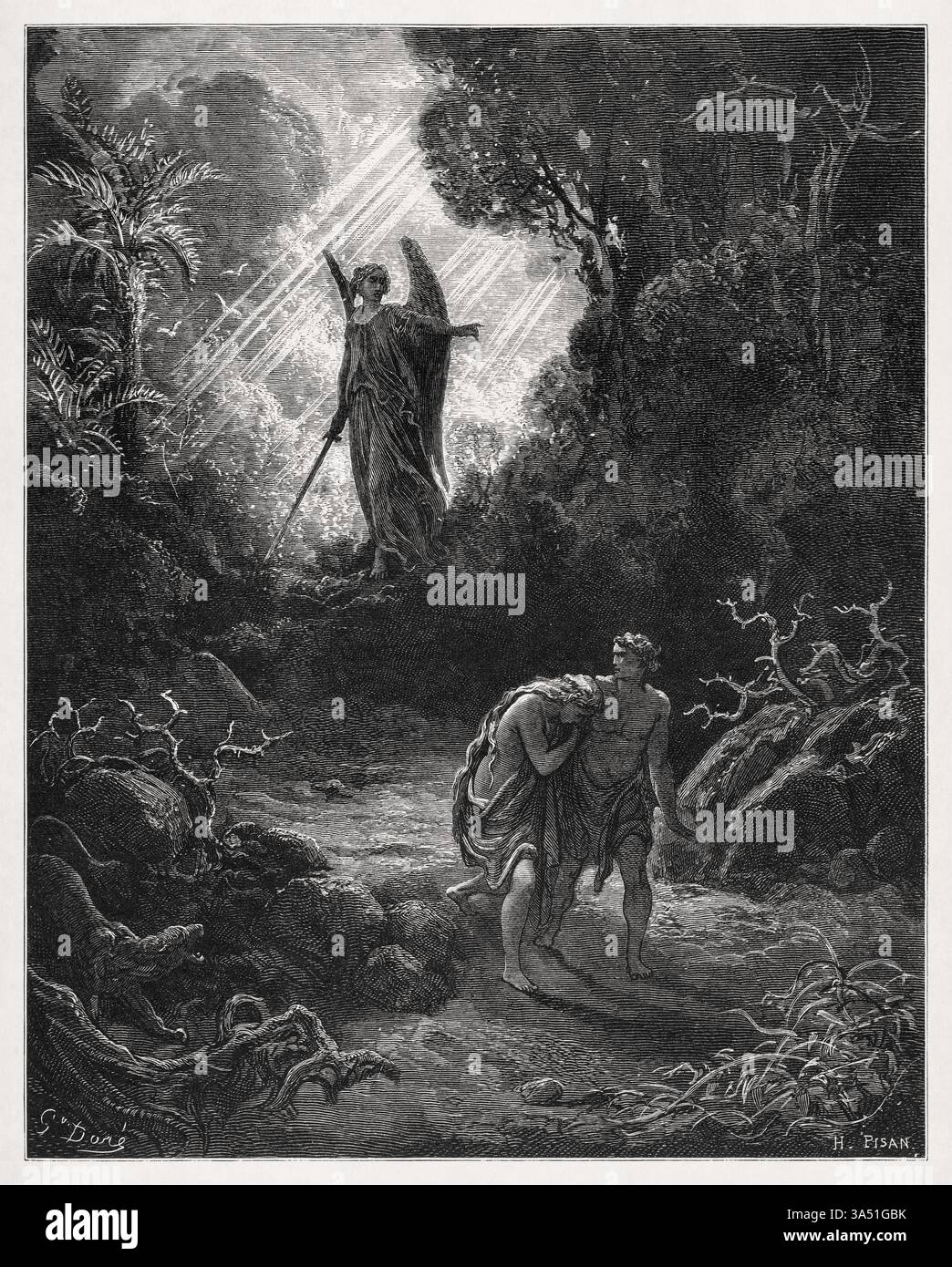 Gravure représentant Adam et Ève chassés d'Eden réalisée en 1866 par Gustave Doré pour illustrer une nouvelle édition de la Sainte Bible. Banque D'Images