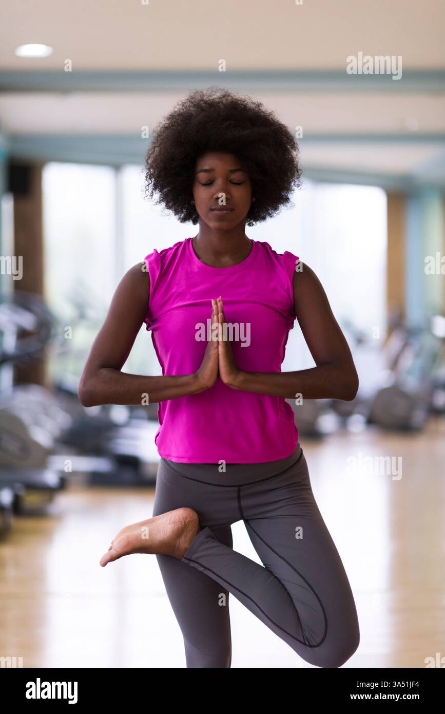Belle jeune femme afro-américaine pratiquant le yoga dans le gymnase. Des images calmes et ciblées sur le bien-être, adaptées aux campagnes de fitness et de pleine conscience. Idéal pour le yoga, la salle de gym et la marque de style de vie de santé. Banque D'Images