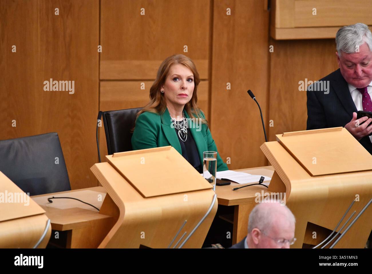 Édimbourg, Écosse, Royaume-Uni. 20 mars 2025. SUR LA PHOTO : Ash Regan MSP, Alba Party. Session hebdomadaire des questions des premiers ministres (FMQ) à l'intérieur de la chambre et des couloirs à Holyrood au Parlement écossais. Crédit : Colin d Fisher crédit : Colin Fisher/Alamy Live News Banque D'Images