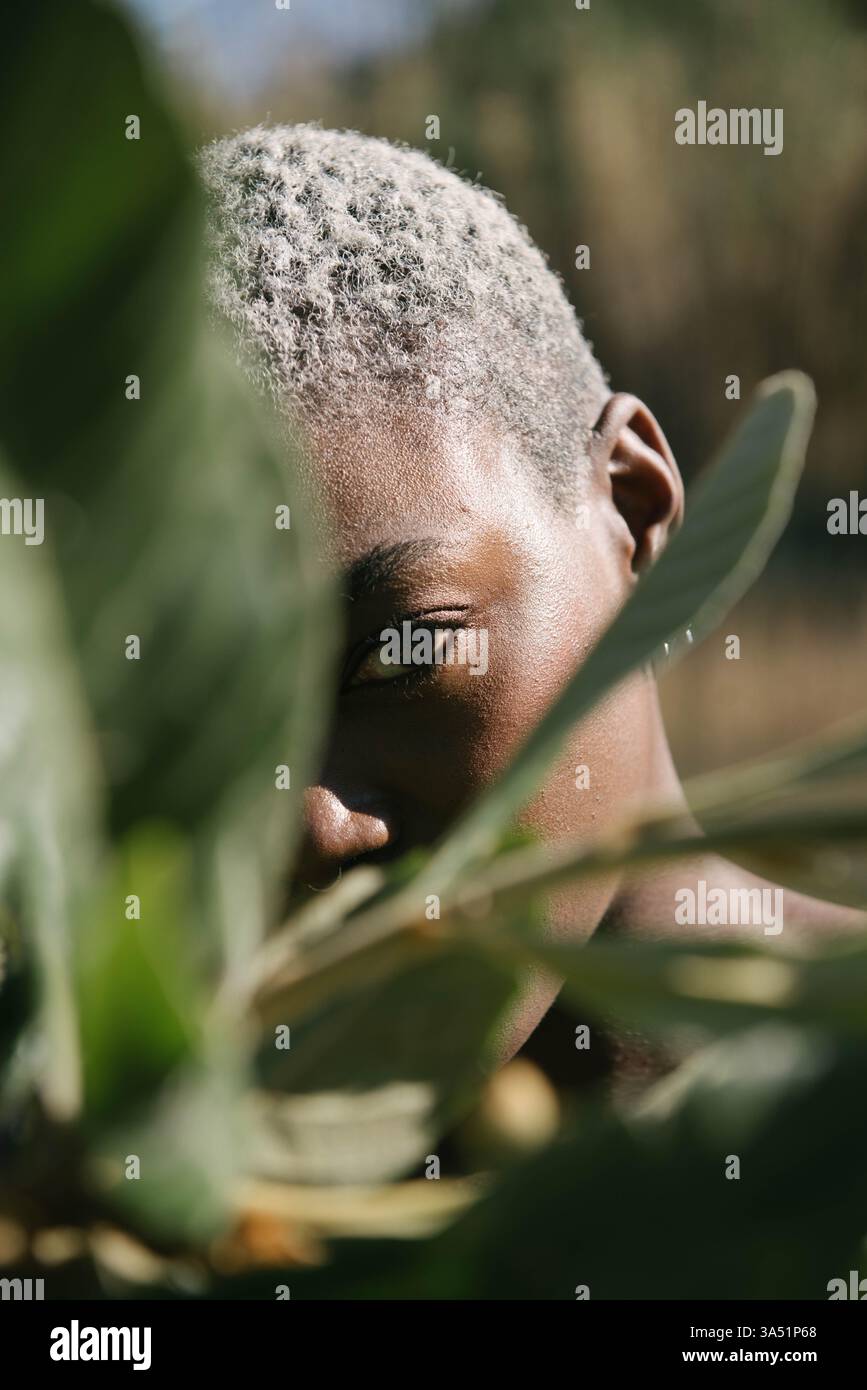 Femme noire se tient parmi les feuilles vertes dans une forêt ensoleillée. Ce portrait de la nature convient au style de vie en plein air, au bien-être et aux thèmes écologiques. Banque D'Images