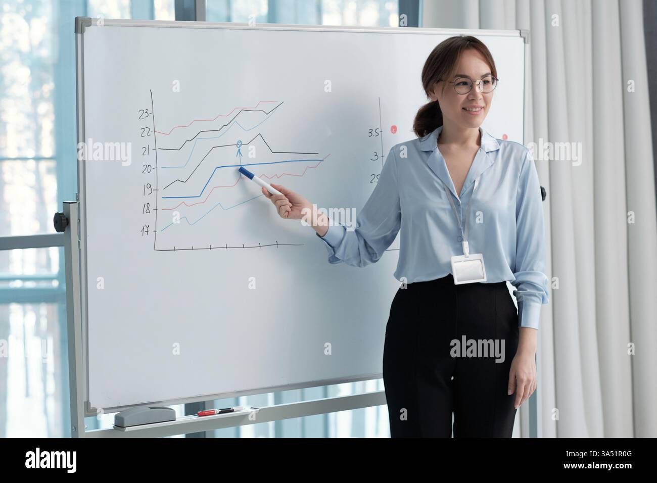 Heureuse jeune femme PDG présentant la croissance des revenus à ses collègues, pointant vers des graphiques sur le conseil d'administration. Une salle de réunion dynamique qui fonctionne bien pour les campagnes de leadership, de finance et de développement commercial. Banque D'Images