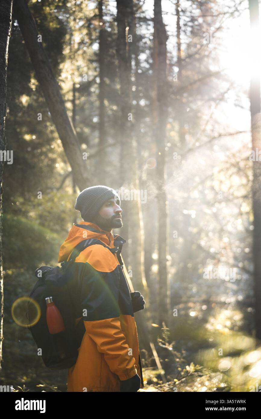 Vue de côté d'un voyageur barbu en vêtements chauds avec un sac à dos, debout dans une forêt d'automne dans le parc national de Stockholm, Suède. Les paysages ensoleillés suggèrent l'exploration et l'errance, idéales pour les voyages et les thèmes d'aventure en plein air. Banque D'Images
