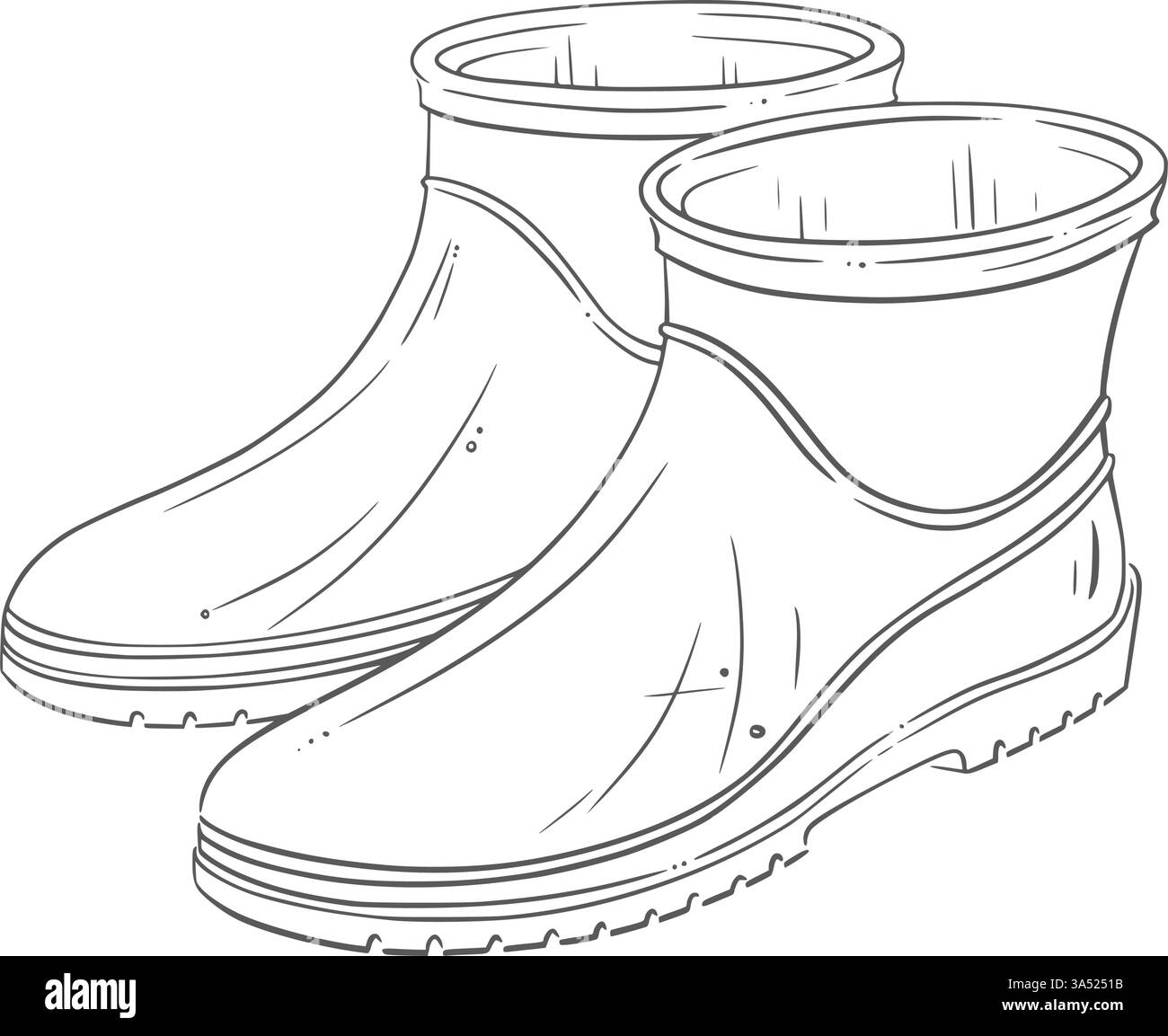 Paire de bottes de jardinage en caoutchouc vintage. Illustration vectorielle au trait. Parfait pour les conceptions liées au jardinage, les thèmes de la ferme, et l'extérieur, printemps saisonnier Illustration de Vecteur