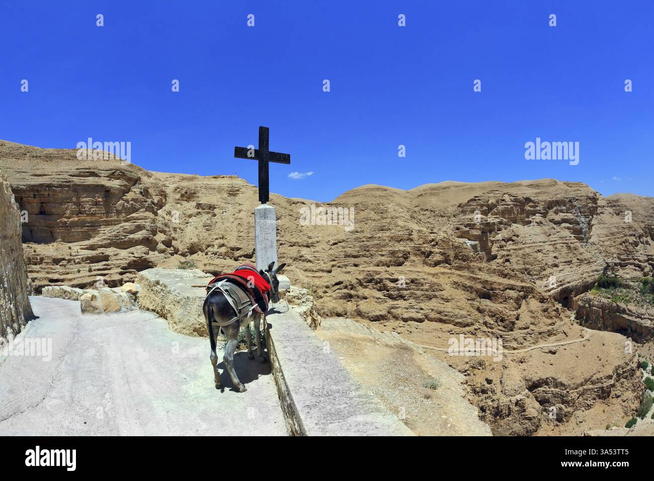 Au bord de la route âne attaché à un cheval rouge. Une grande croix noire indique le chemin vers le temple. Wadi Kelt, la route vers le monastère de composé Geo Banque D'Images