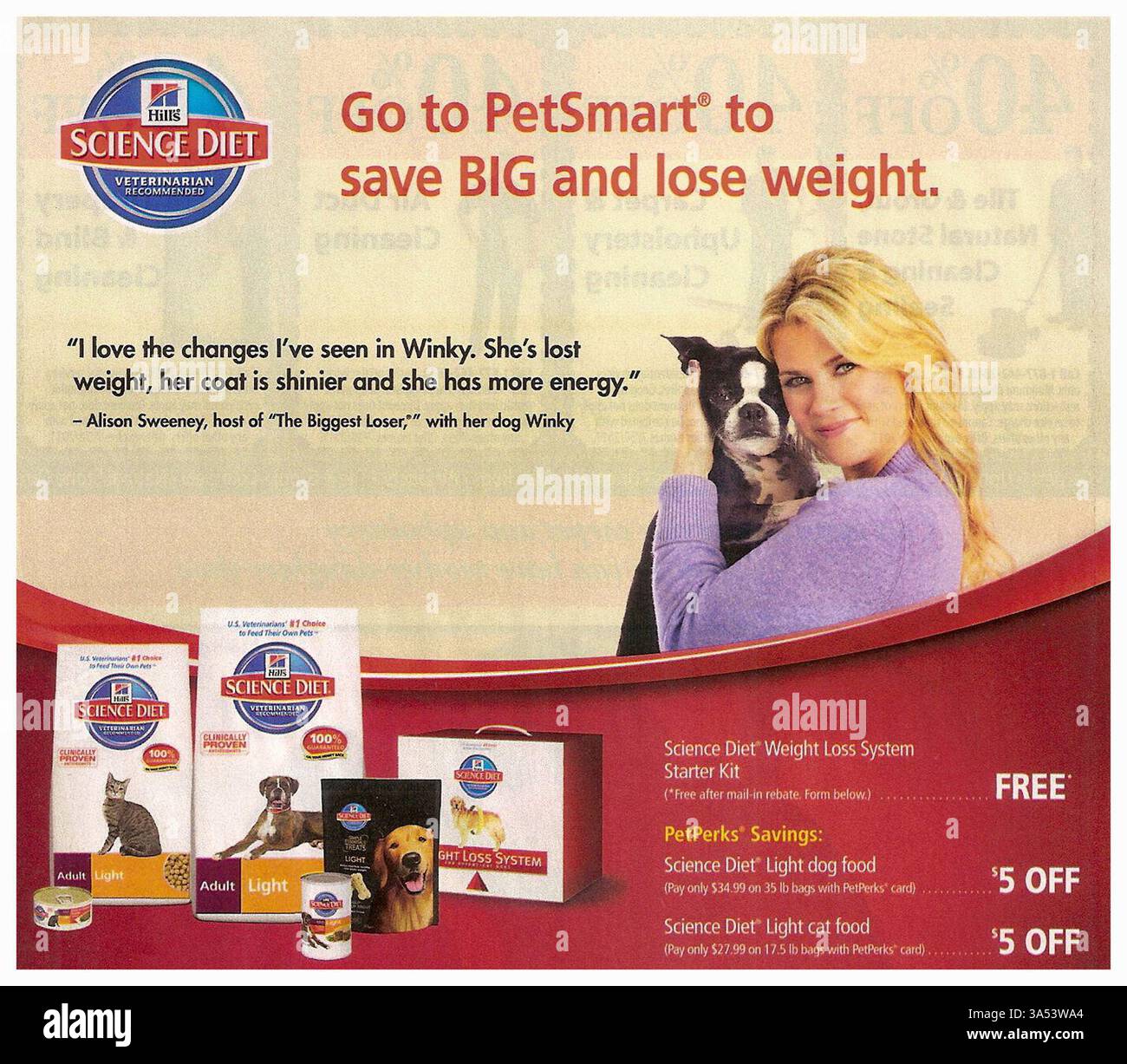 Publicité des années 2010 pour la nourriture pour chiens Hill's Science Diet, promouvant la perte de poids et les bienfaits pour la santé des chiens ; mettant en vedette l'actrice américaine Alison Sweeney Banque D'Images