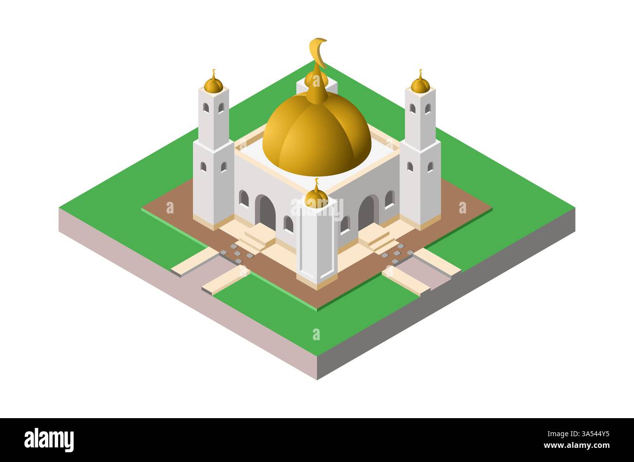 Illustration vectorielle isométrique d'une mosquée avec un dôme doré, tour blanche. Parfait pour les thèmes islamiques, les conceptions religieuses et l'architecture Illustration de Vecteur