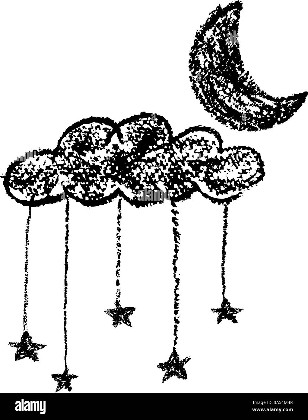 Ensemble de nuages de crayons abstraits, étoiles dorées et lune. Dessin animé dessiné à la main ciel nuageux de nuit. Illustration vectorielle de la collection de tourbillons bleus sur bleu Illustration de Vecteur