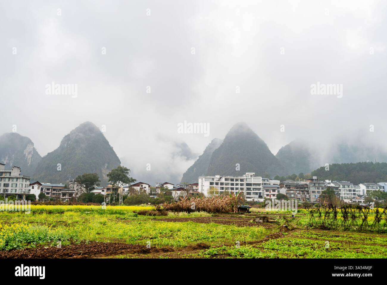 Les montagnes brumeuses et les champs dynamiques encadrent un village chinois serein, capturant l'harmonie de la nature et de la vie rurale. Banque D'Images Les montagnes brumeuses et les champs dynamiques encadrent un village chinois serein, capturant l'harmonie de la nature et de la vie rurale. Banque D'Images