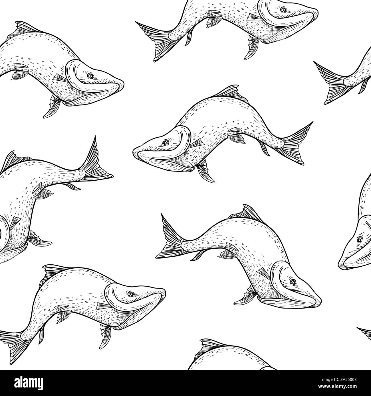 Trout noir blanc vecteur modèle sans couture. Croquis monochrome de saumon dessiné à la main. Gravure peinte de poisson de mer Nerka sur fond répété. Variété sockeye Illustration de Vecteur