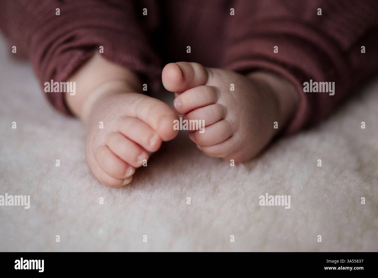Pied de bébé nouveau-né reposant doucement sur une couverture de peau de mouton Banque D'Images