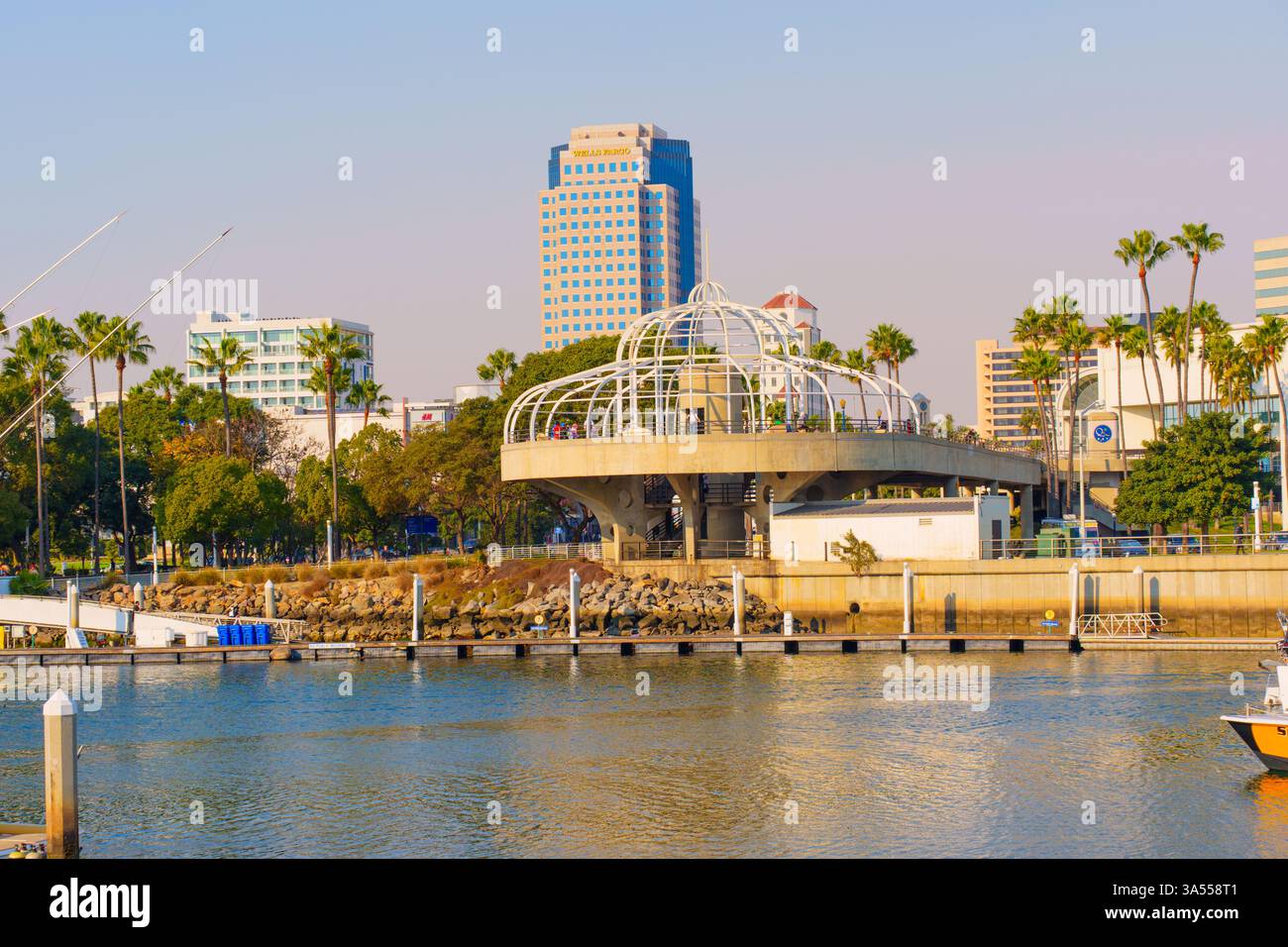 Long Beach, Californie - 11 janvier 2025 : la vue grand angle capture une structure d'ascenseur dans la passerelle du long Beach Convention Center, entourée par p Banque D'Images