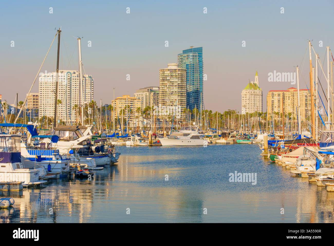 Long Beach, Californie - 11 janvier 2025 : vue panoramique capturant les marinas de Rainbow Harbor, avec une variété de bateaux, des eaux claires et un dos Banque D'Images