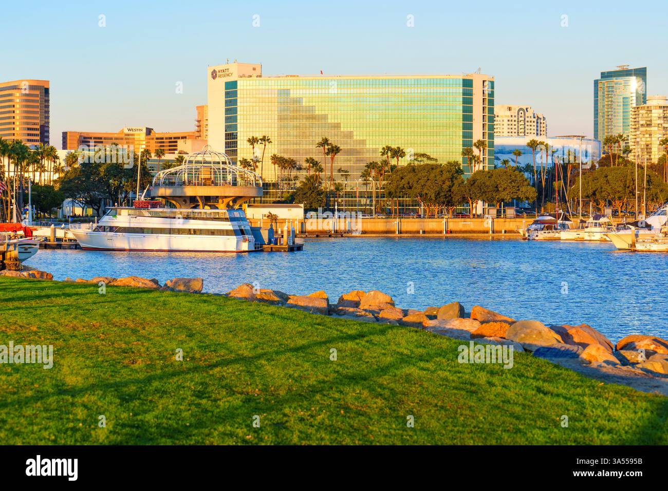 Long Beach, Californie - 11 janvier 2025 : L'hôtel moderne Hyatt Regency se trouve bien en vue près du port de long Beach, avec une architecture vitrée Wit Banque D'Images