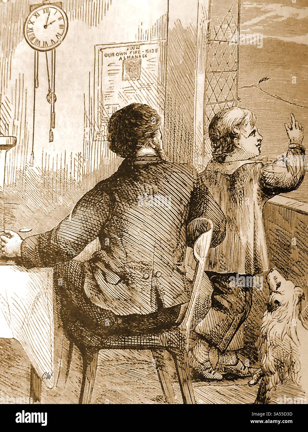 Gravure du XIXe siècle montrant une scène domestique avec un garçon son père et son chien de compagnie. Banque D'Images