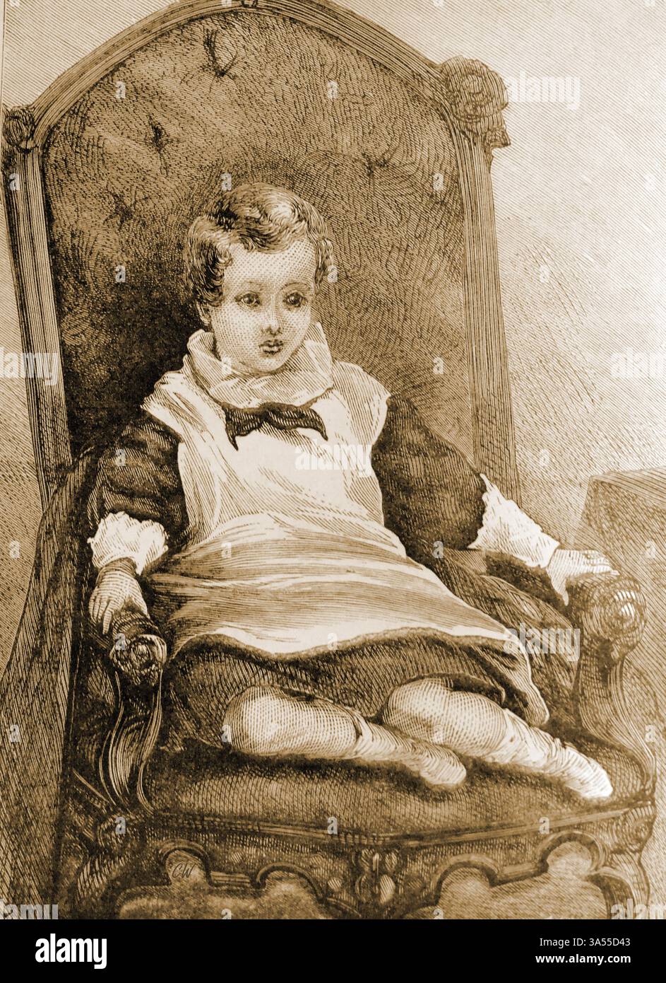 Gravure du XIXe siècle montrant une fille victorienne généralement habillée en Grande-Bretagne assise dans un fauteuil. Banque D'Images