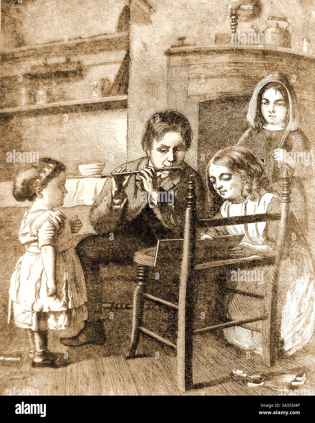 Gravure du XIXe siècle montrant une famille britannique jouissant d'une soirée musicale. Banque D'Images