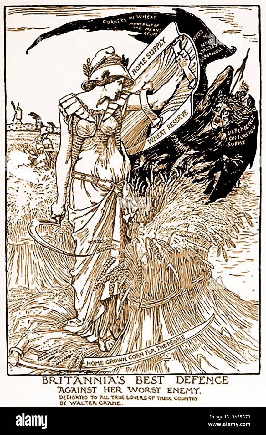 Caricature politique britannique (post-britannique) Corn Laws de Walter Crane (1845-1915), qui aurait eu des opinions politiques fortes, utilisant ses idées dans ses gravures sur bois bien exécutées et d'autres illustrations. Banque D'Images