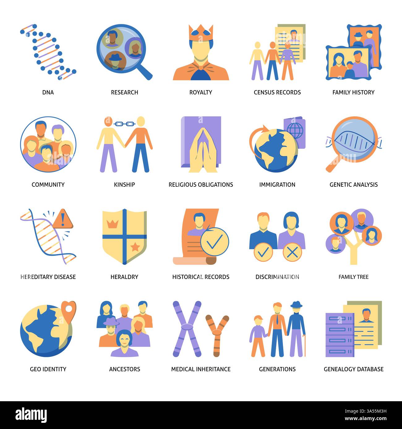 Arbre généalogique et ensemble d'icônes ancestrales. Illustration vectorielle Illustration de Vecteur