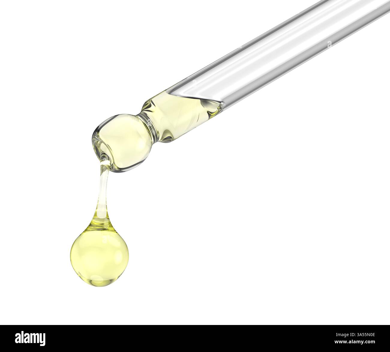 Goutte à goutte de sérum jaune d'une pipette, gros plan Banque D'Images