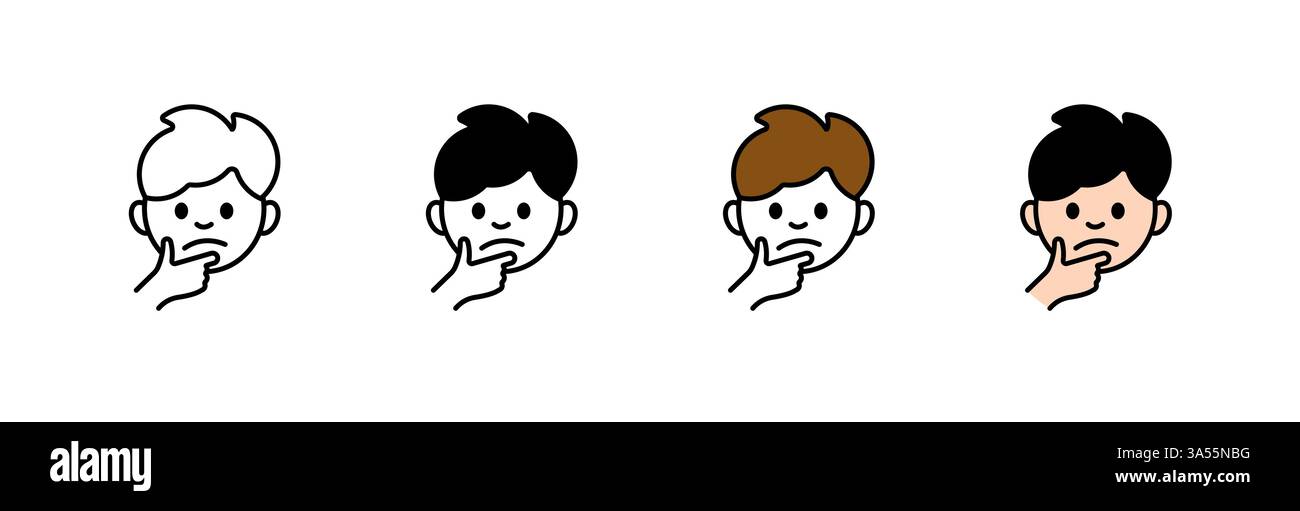 Les emojis de visage de pensée dans différents styles montrent différentes expressions et couleurs côte à côte Illustration de Vecteur