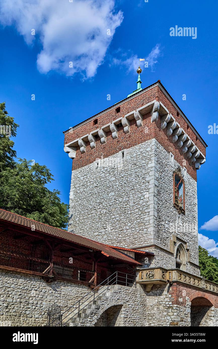 Florian Gate est l'une des tours gothiques polonaises les plus connues et un point focal dans la vieille ville de Cracovie. Il a été construit vers le 14ème siècle, Cracovie, Pologne Banque D'Images Florian Gate est l'une des tours gothiques polonaises les plus connues et un point focal dans la vieille ville de Cracovie. Il a été construit vers le 14ème siècle, Cracovie, Pologne Banque D'Images