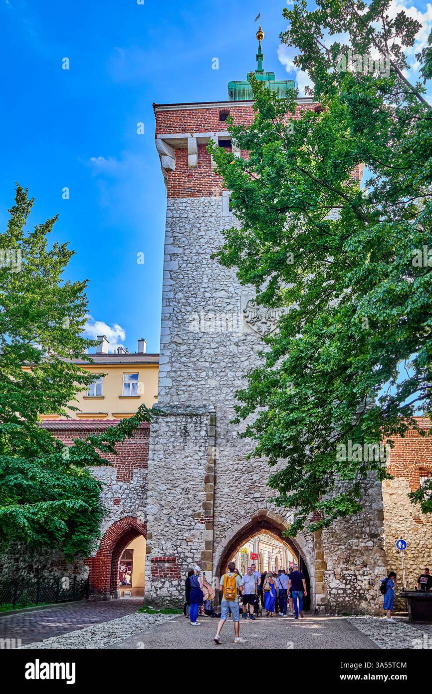 Florian Gate est l'une des tours gothiques polonaises les plus connues et un point focal dans la vieille ville de Cracovie. Il a été construit vers le 14ème siècle, Cracovie, Pologne Banque D'Images Florian Gate est l'une des tours gothiques polonaises les plus connues et un point focal dans la vieille ville de Cracovie. Il a été construit vers le 14ème siècle, Cracovie, Pologne Banque D'Images
