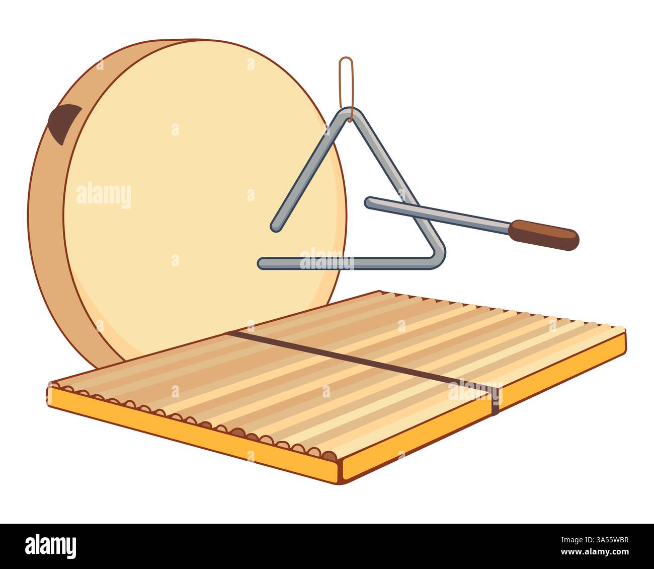 Instruments de musique traditionnels pour la musique moderne. Vecteur ravanna, maravanna et triangl. Instruments de percussion faits maison des pays africains dans le style plat isolé sur fond blanc. Illustration de Vecteur