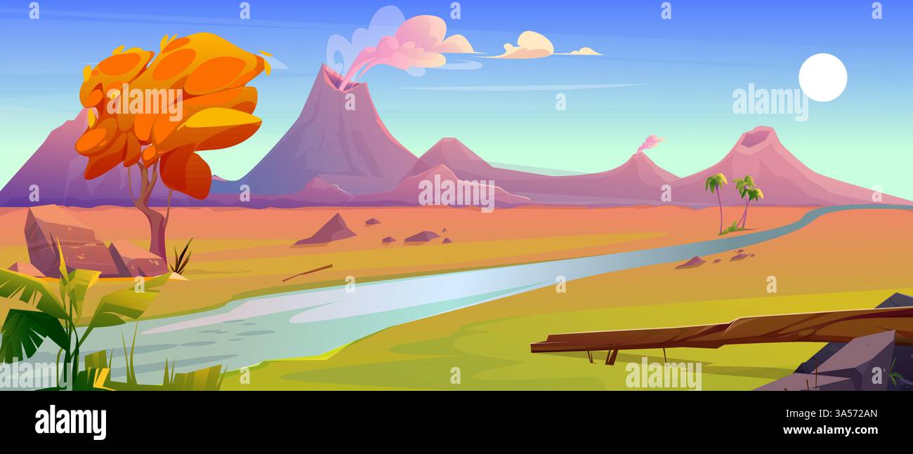Paysage volcanique avec rivière et arbre d'automne - illustration vectorielle de dessin animé Illustration de Vecteur