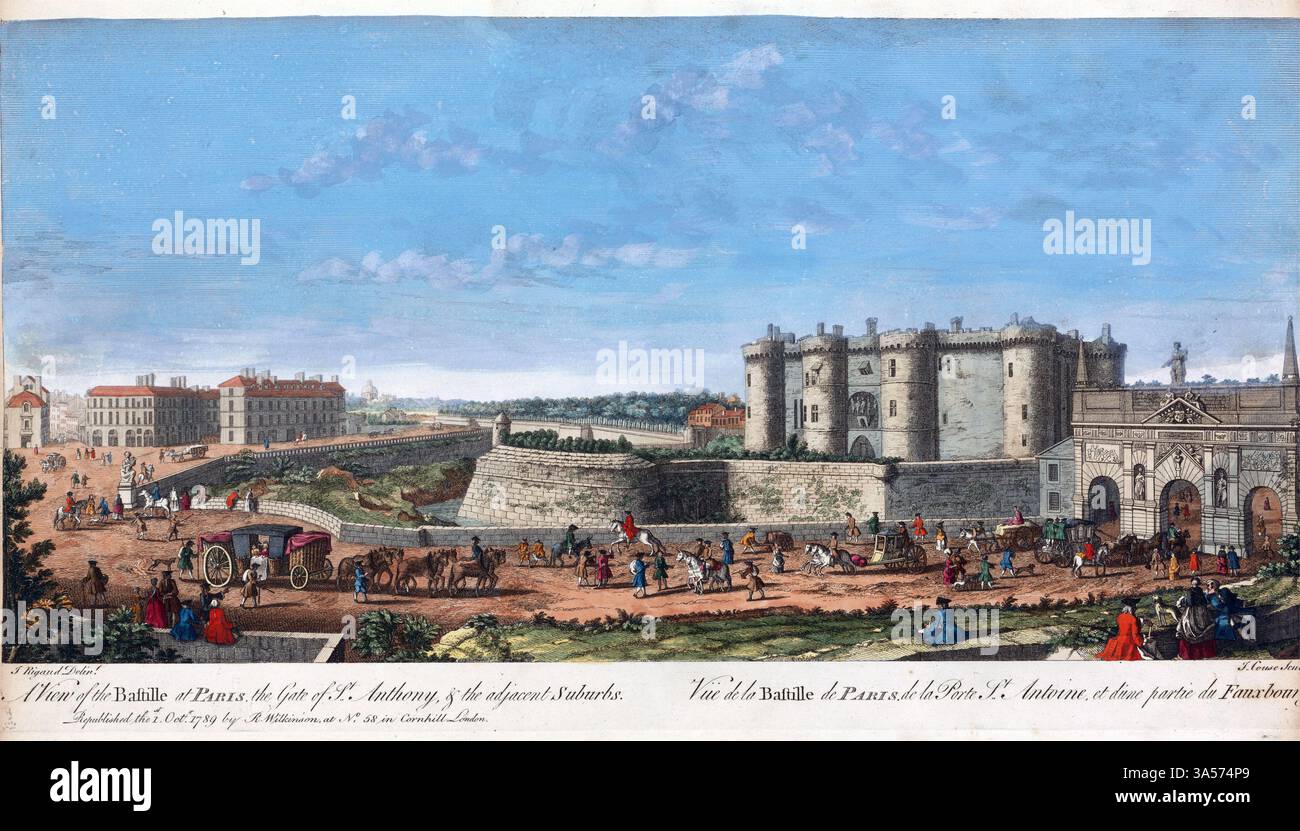 Une vue du 18ème siècle de la Bastille Paris la porte de St Anthony gravure aquarelle par John course d'après Jacques Rigaud publié par Robert Williams, illustration d'art perspective historique impression antique 1789 mur décor affiche Banque D'Images