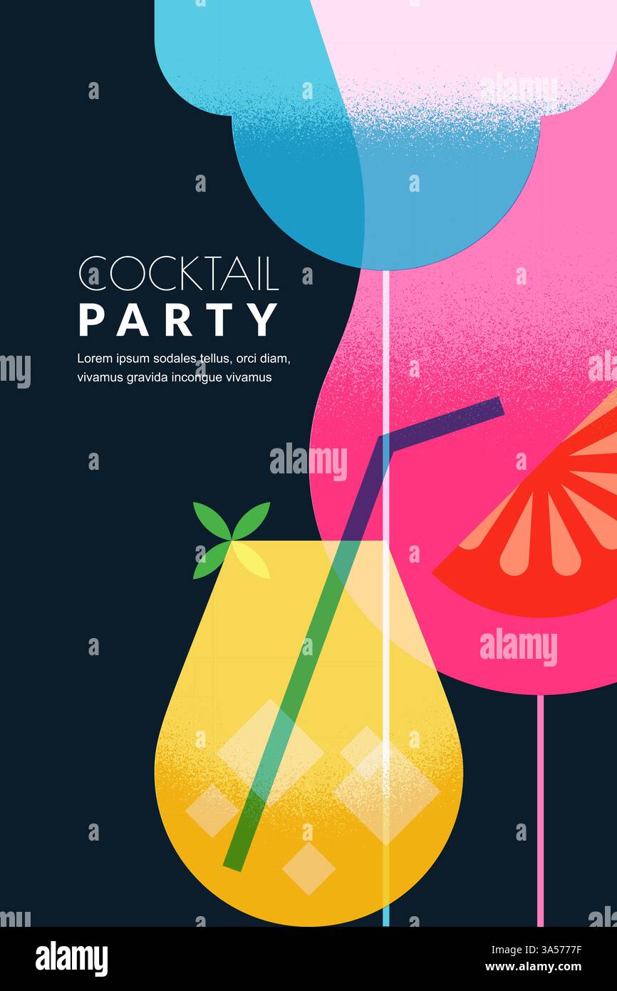 Affiche verticale de fête de nuit, bannière, fond d'invitation de fête avec des cocktails colorés. Illustration vectorielle plate. Design géométrique abstrait pour Alco Illustration de Vecteur